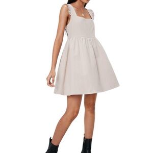 Nasty Gal Linen Mini Dress Frill Ruffle Strap Stone NWT Sz 8